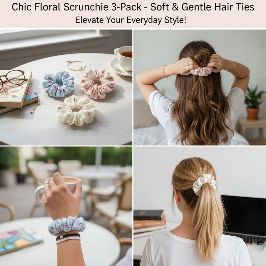 Pack de 3 coleteros de encaje floral – Coleteros para el pelo en blanco, rosa y azul