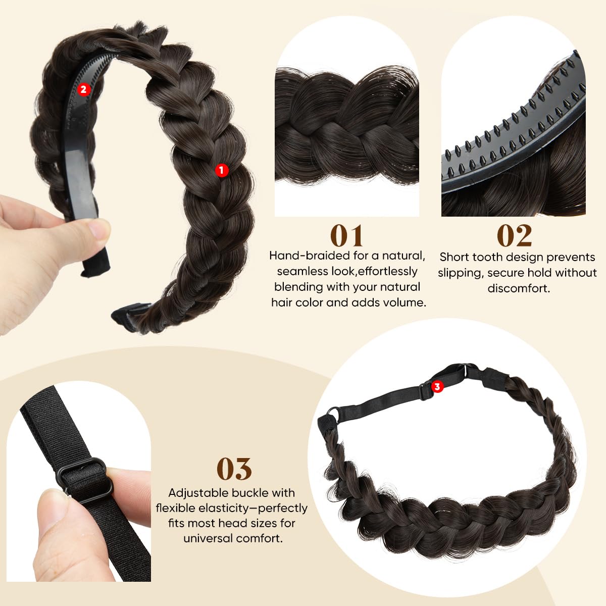 Pack de 2 diademas/cintas trenzadas hechas a mano para mujer – Elástica y rígida