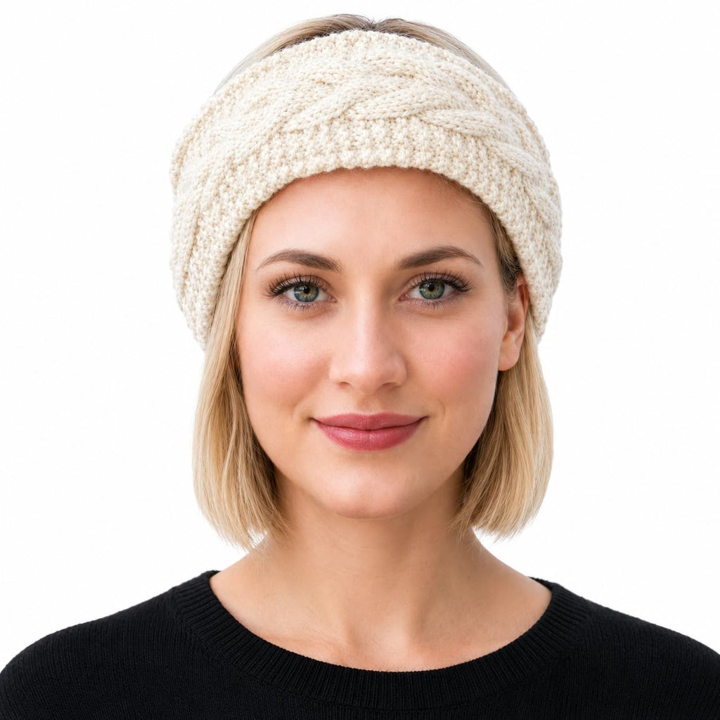 Cinta para la cabeza ancha y calentador de orejas de lana de Nepal hecho a mano – Talla única, Blanco