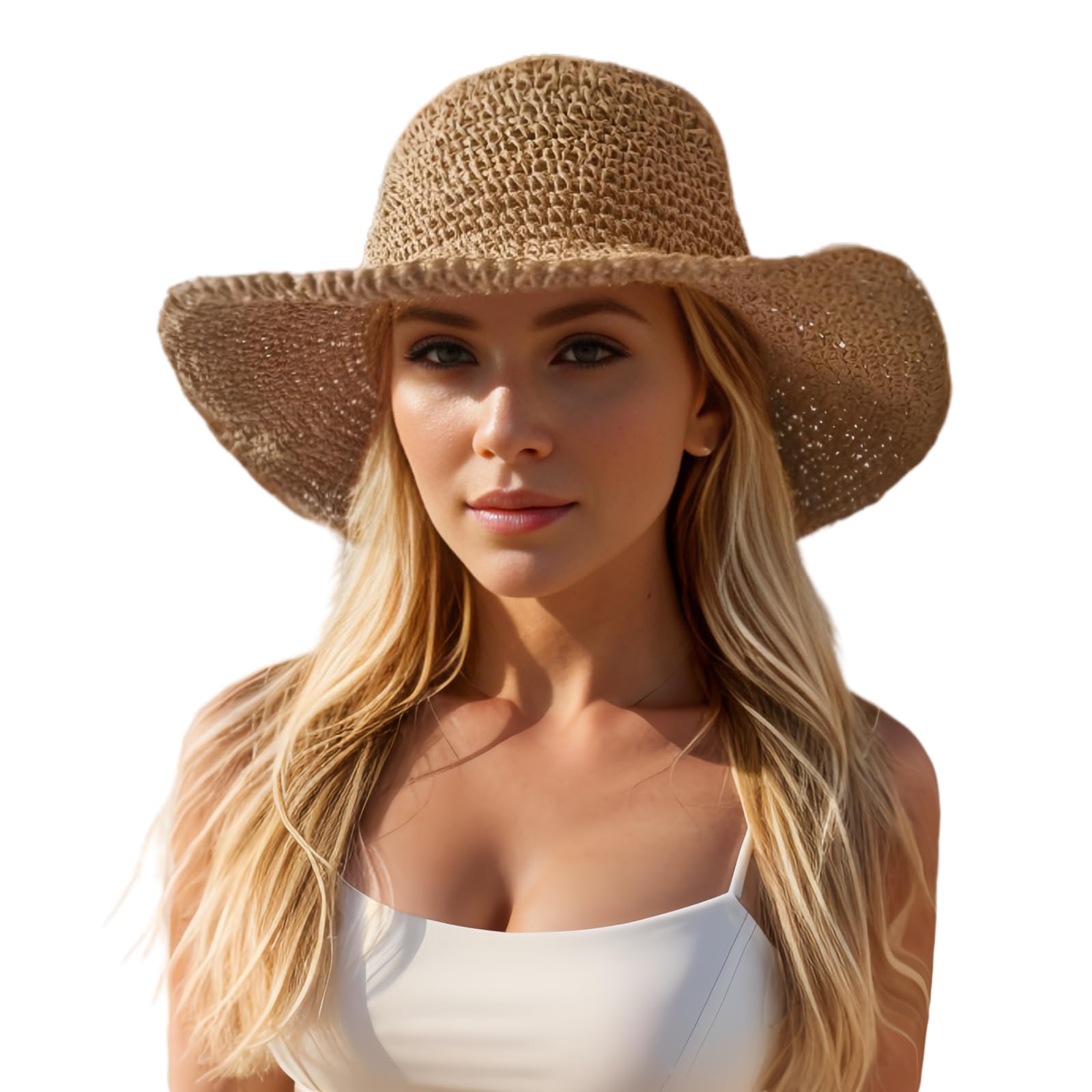 Sombrero de playa de paja de ganchillo hecho a mano – Ala ancha, plegable, para mujer
