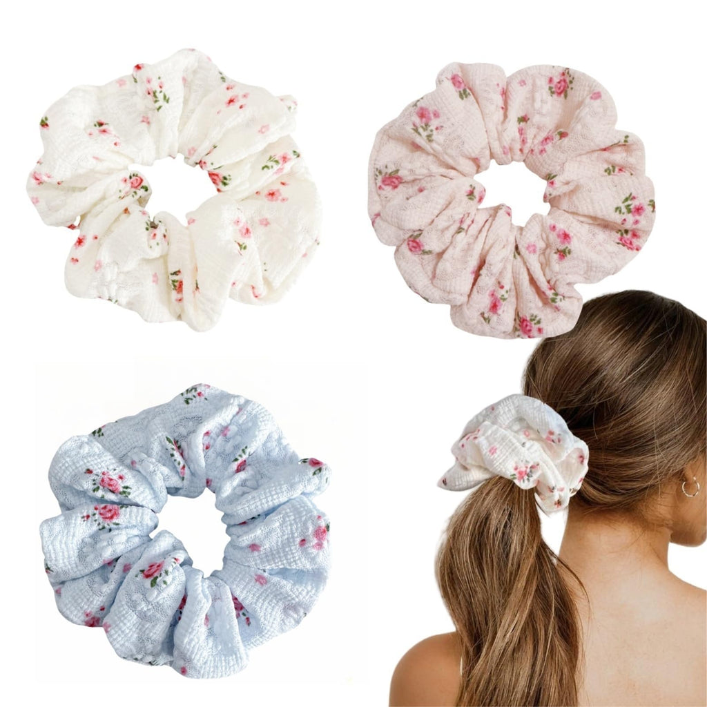 Pack de 3 coleteros de encaje floral – Coleteros para el pelo en blanco, rosa y azul
