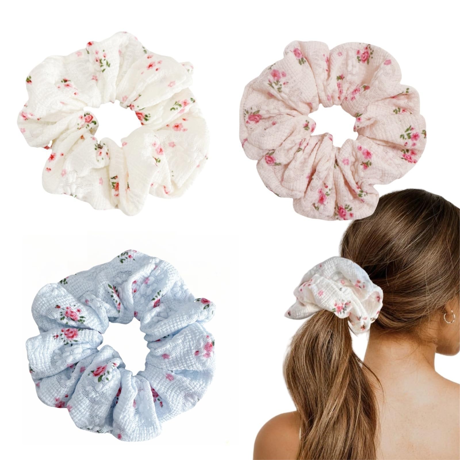 Pack de 3 coleteros de encaje floral – Coleteros para el pelo en blanco, rosa y azul