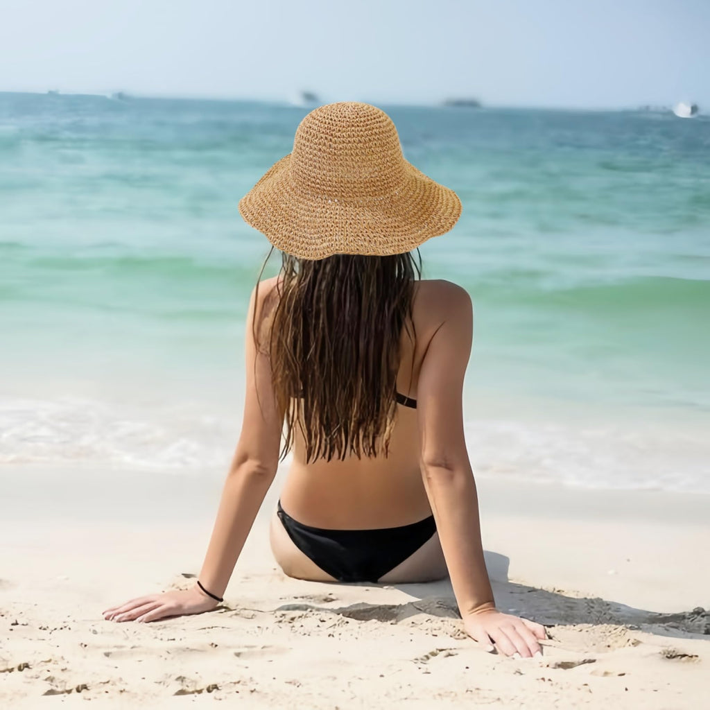 Sombrero de playa de paja de ganchillo hecho a mano – Ala ancha, plegable, para mujer