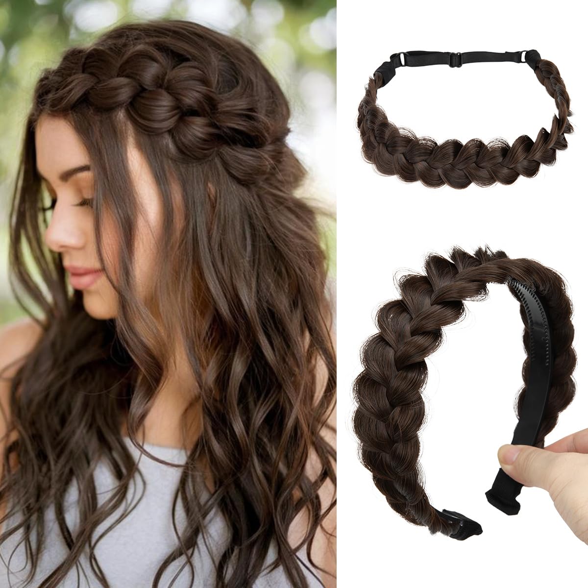 Pack de 2 diademas/cintas trenzadas hechas a mano para mujer – Elástica y rígida