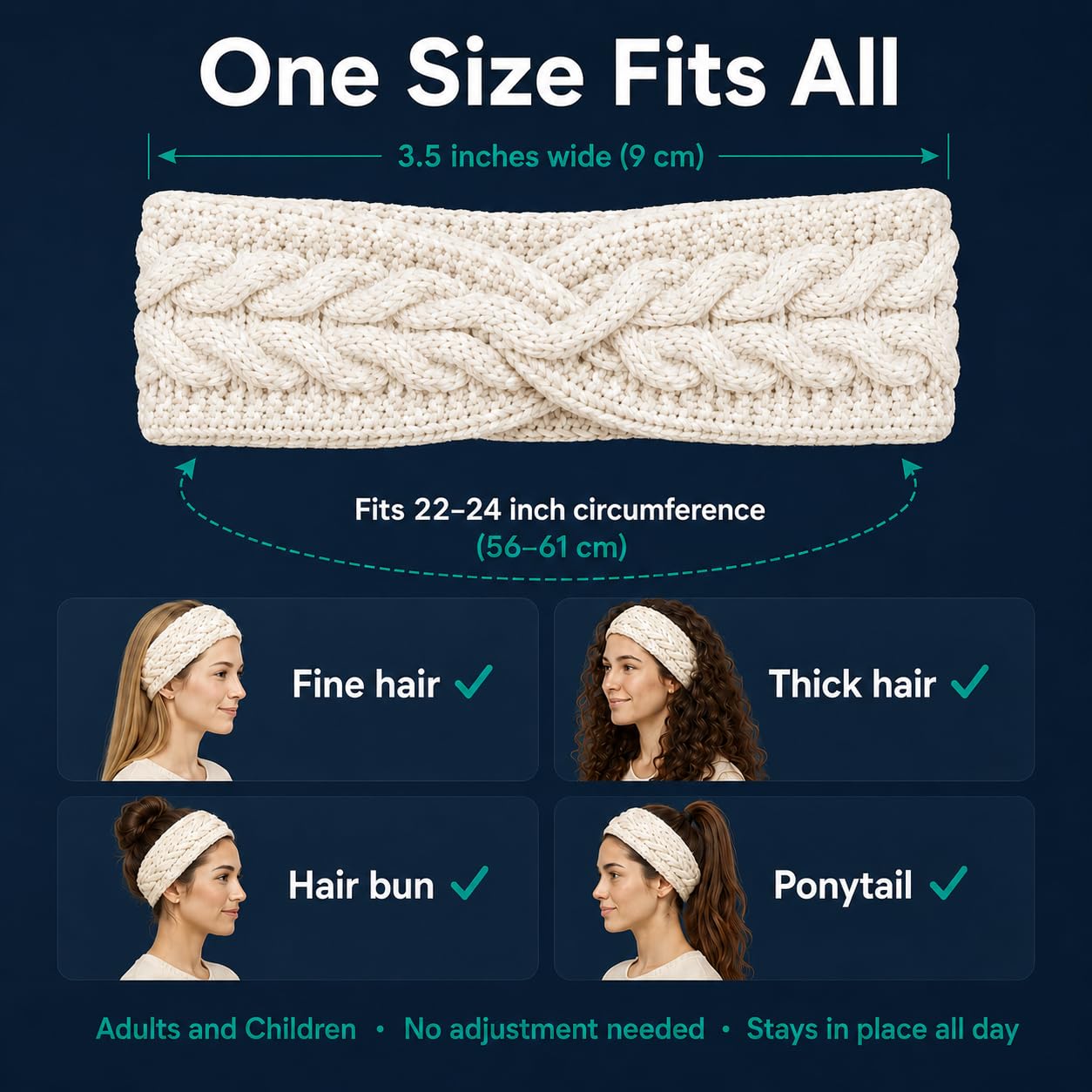 Cinta para la cabeza ancha y calentador de orejas de lana de Nepal hecho a mano – Talla única, Blanco