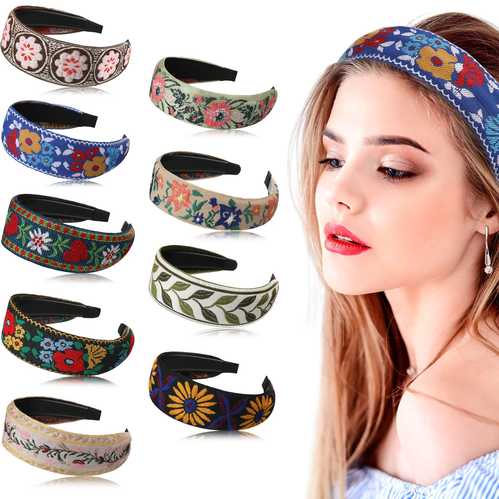 Set de 9 cintas para la cabeza anchas con bordado bohemio Geosar para mujer – Estilo étnico floral
