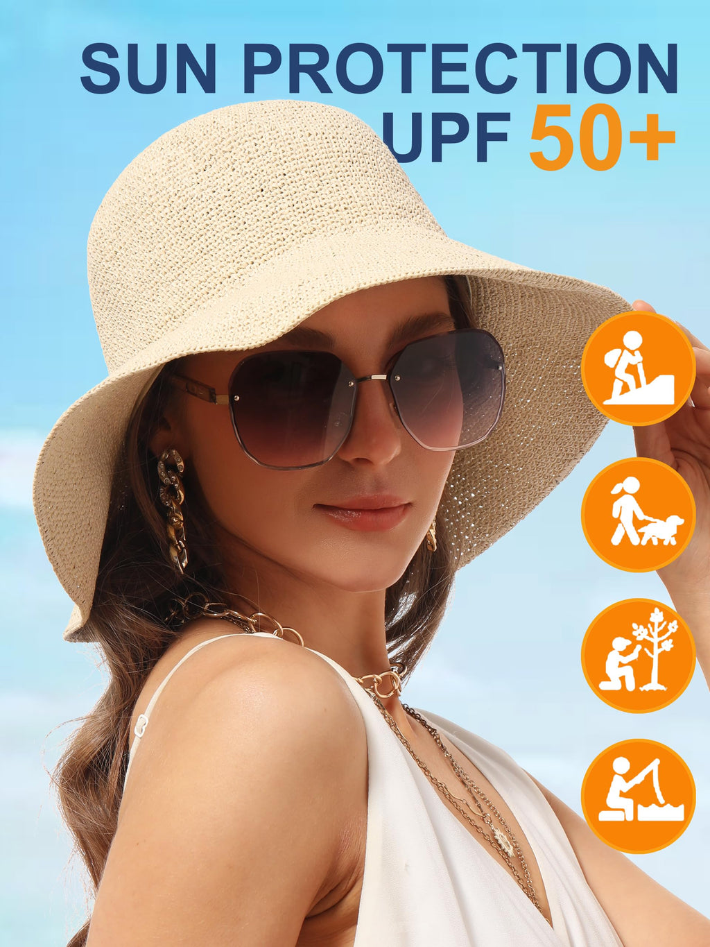 Sombrero bucket de paja plegable hecho a mano – Sombrero de sol para mujer, beige, talla S