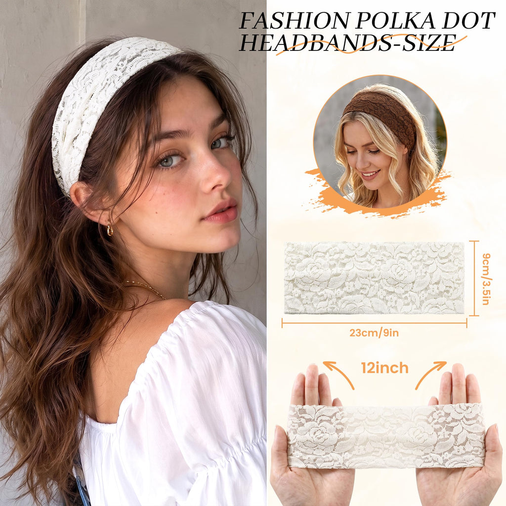 Pack de 5 cintas para la cabeza anchas de encaje floral para mujer – Elásticas y transpirables