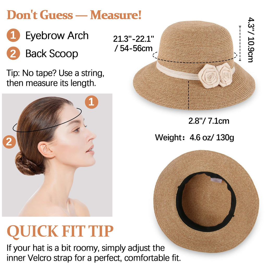 Sombrero de paja para el sol con flores de ganchillo – Fedora de ala ancha para mujer, Beige