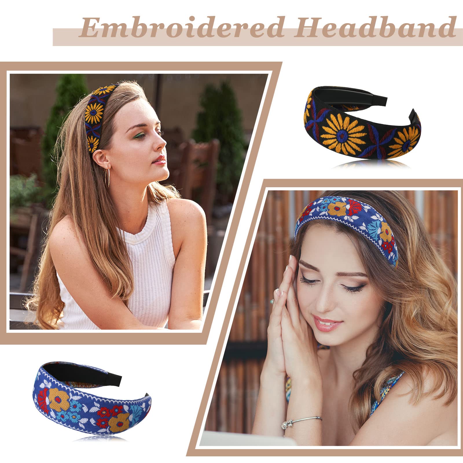 Set de 9 cintas para la cabeza anchas con bordado bohemio Geosar para mujer – Estilo étnico floral