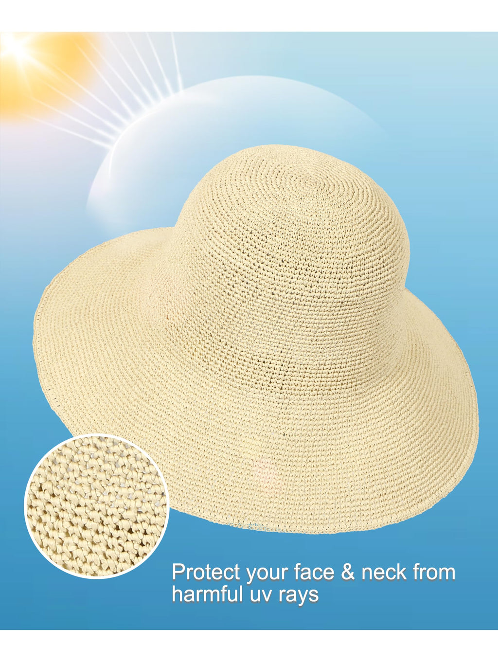 Sombrero bucket de paja plegable hecho a mano – Sombrero de sol para mujer, beige, talla S