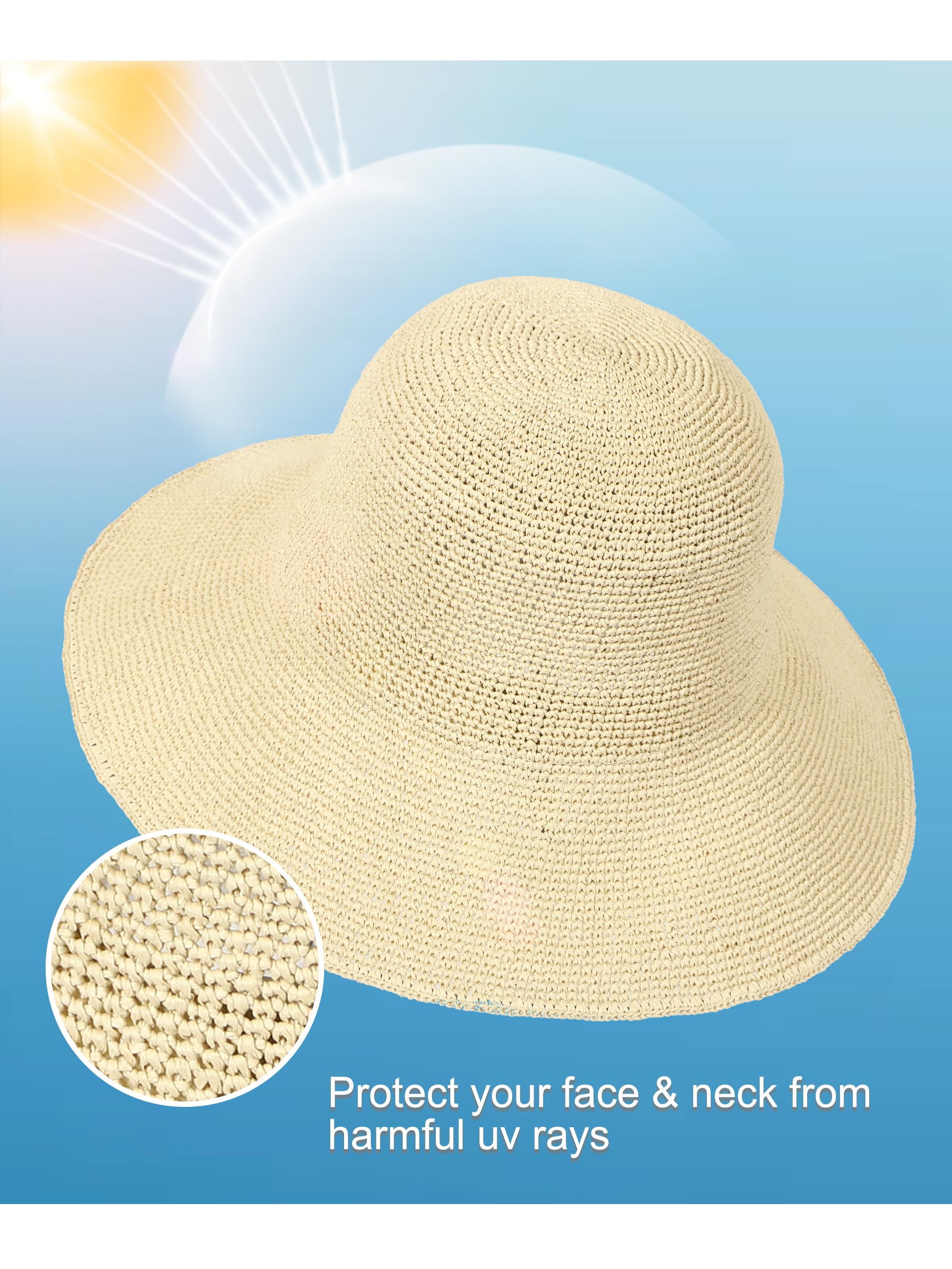 Sombrero bucket de paja plegable hecho a mano – Sombrero de sol para mujer, beige, talla S