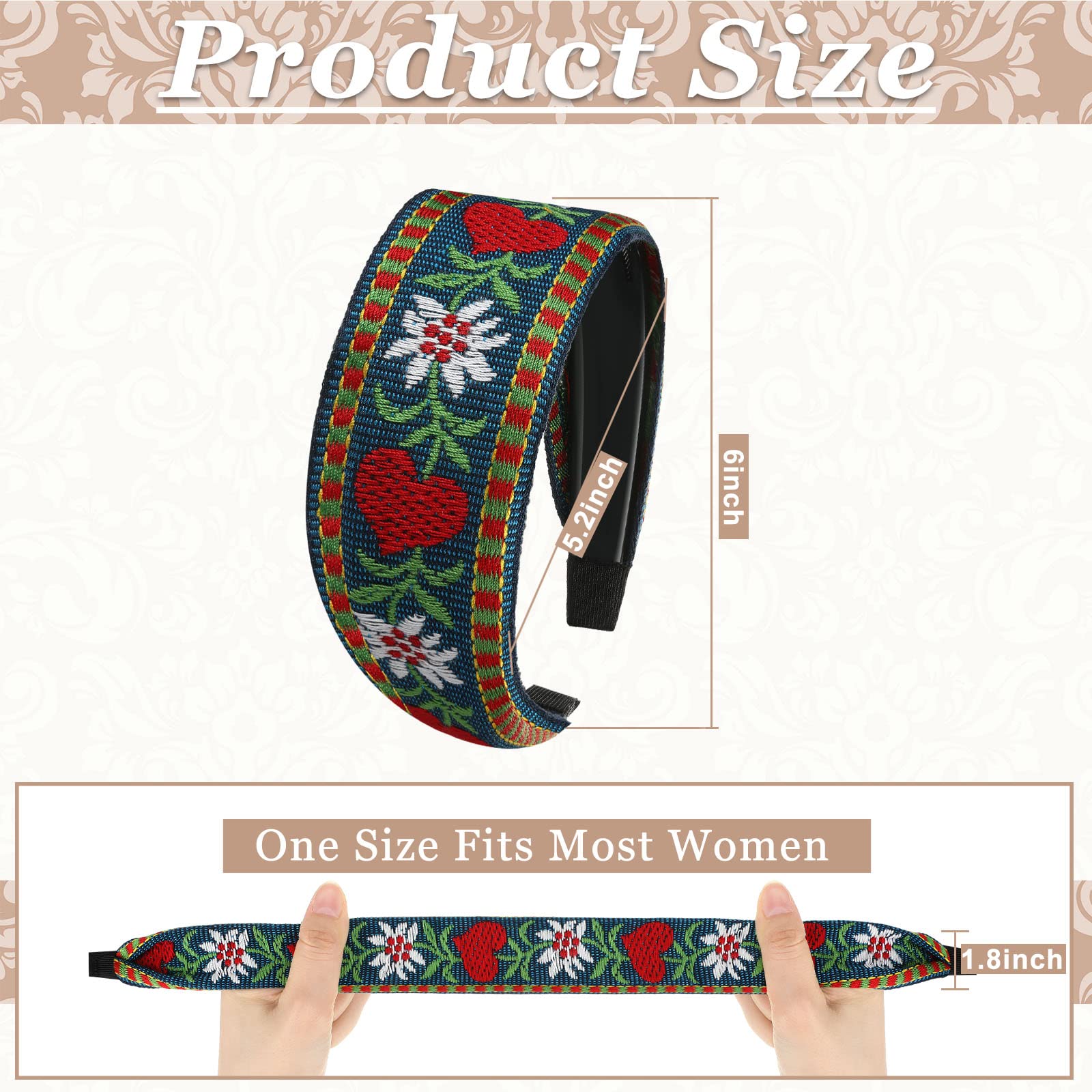 Set de 9 cintas para la cabeza anchas con bordado bohemio Geosar para mujer – Estilo étnico floral