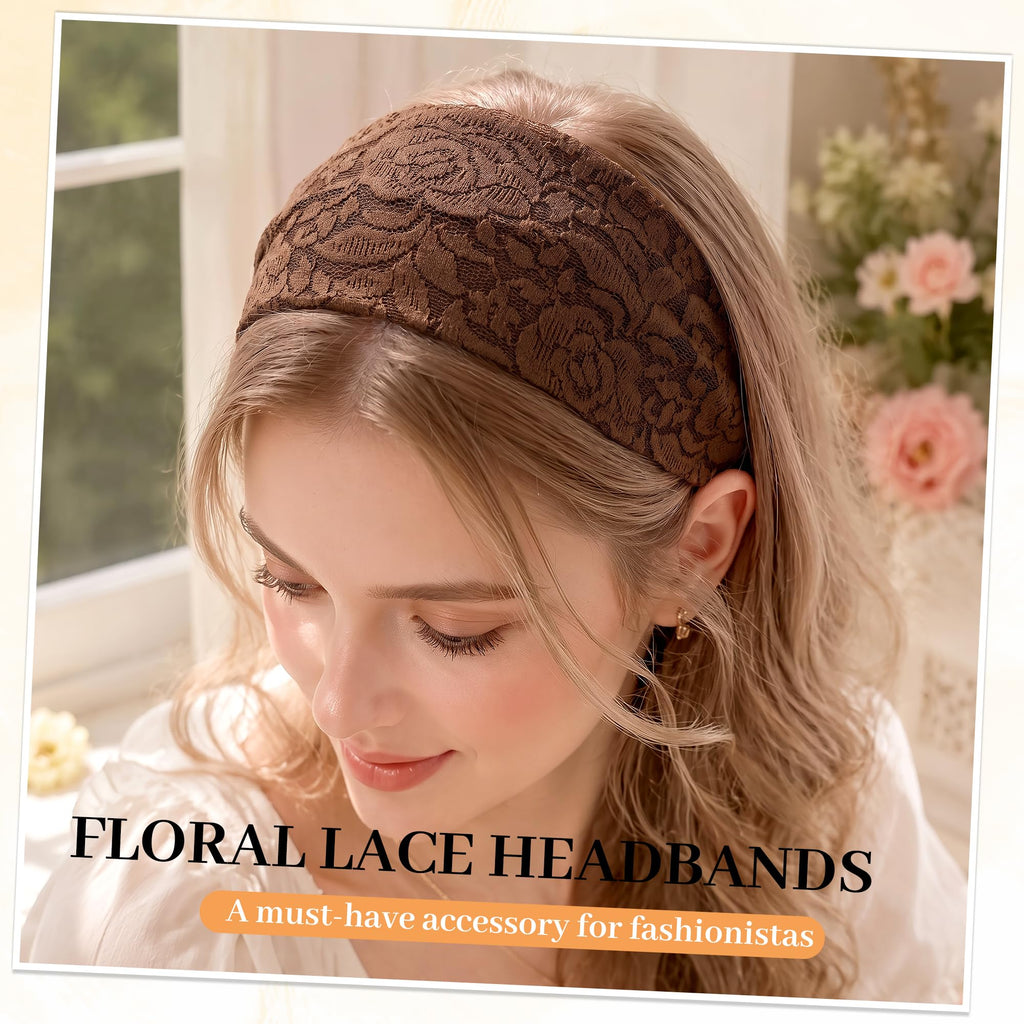 Pack de 5 cintas para la cabeza anchas de encaje floral para mujer – Elásticas y transpirables