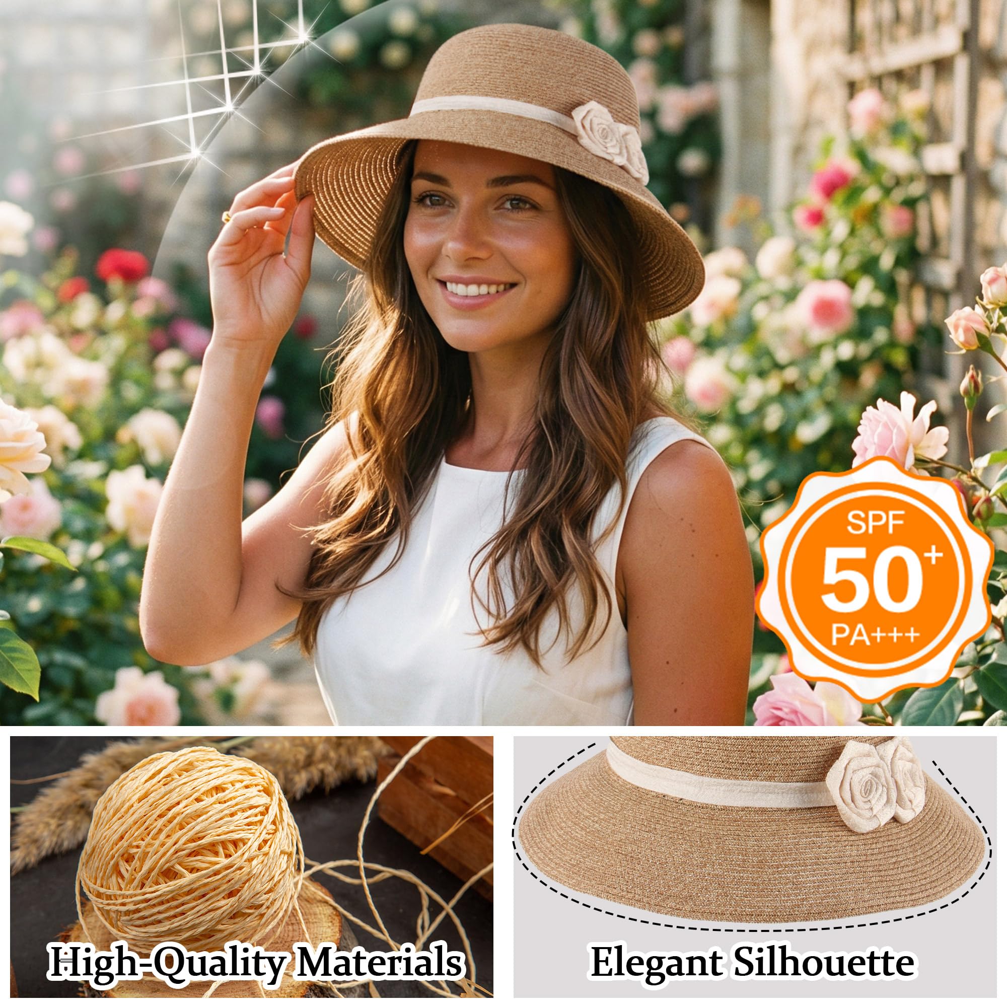 Sombrero de paja para el sol con flores de ganchillo – Fedora de ala ancha para mujer, Beige