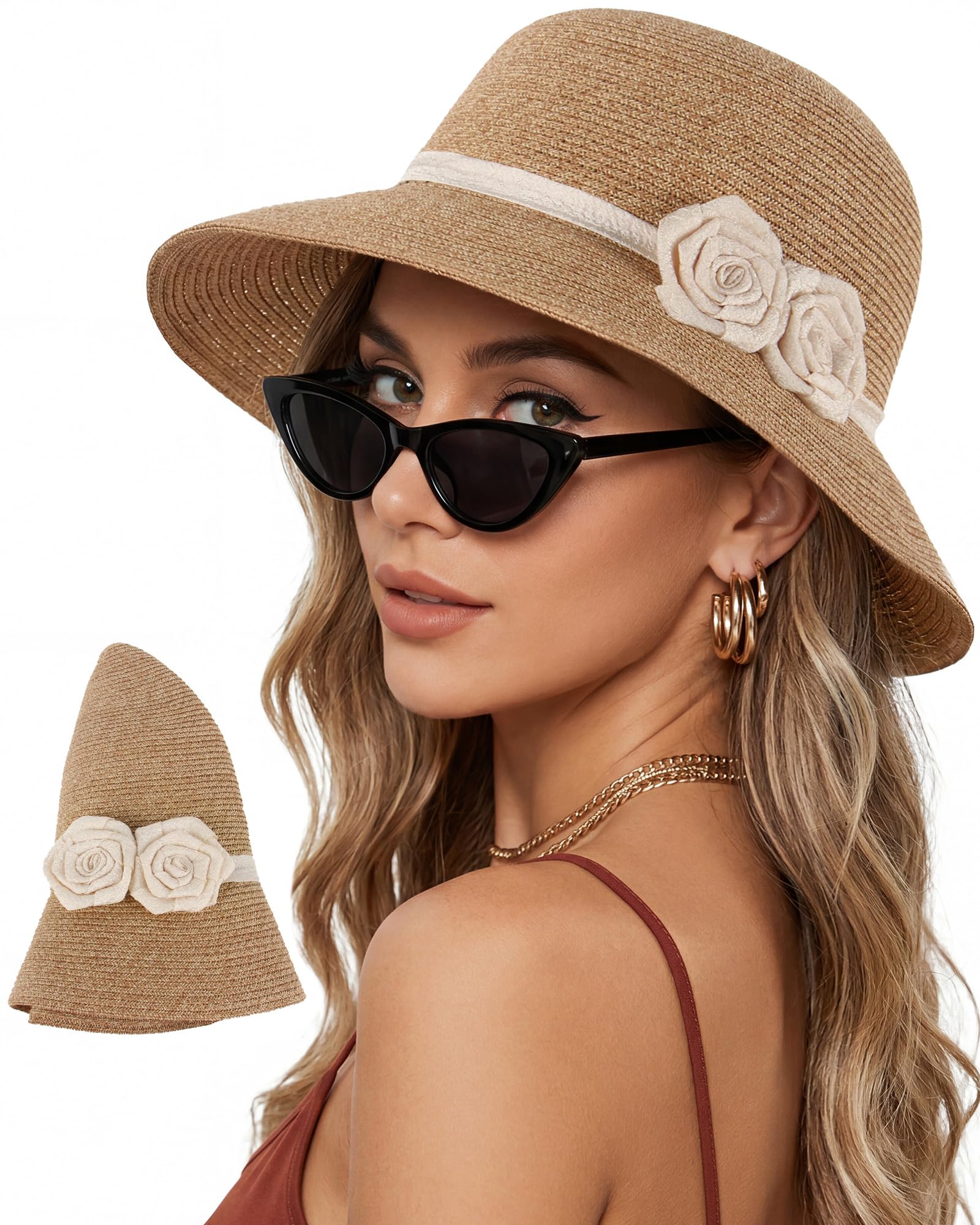 Sombrero de paja para el sol con flores de ganchillo – Fedora de ala ancha para mujer, Beige