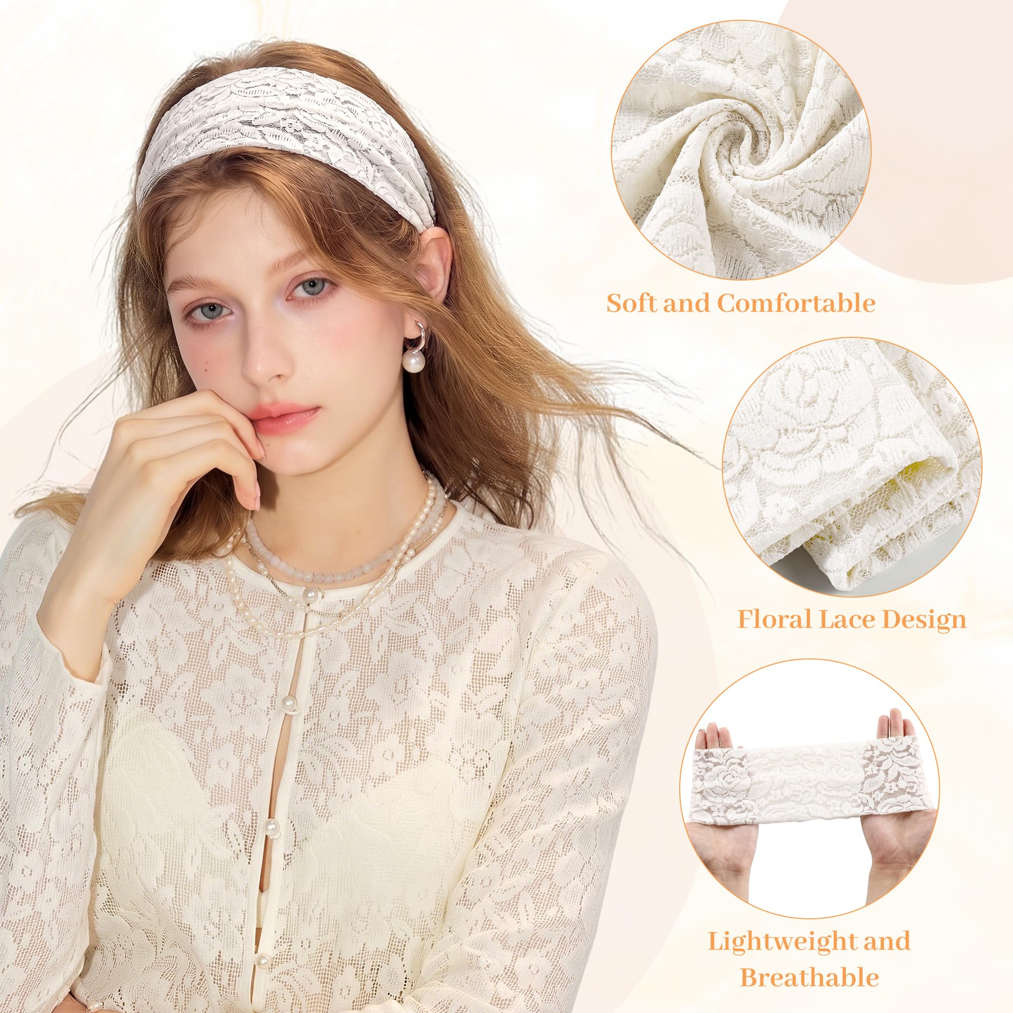 Pack de 5 cintas para la cabeza anchas de encaje floral para mujer – Elásticas y transpirables