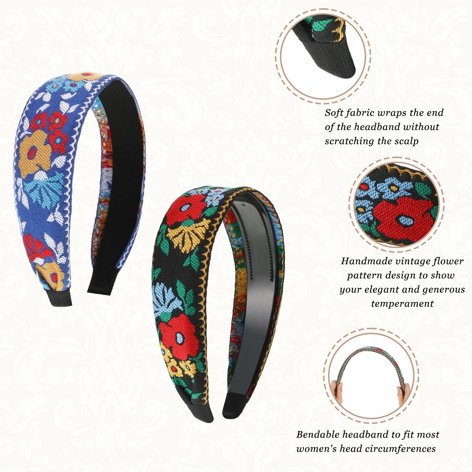 Set de 9 cintas para la cabeza anchas con bordado bohemio Geosar para mujer – Estilo étnico floral