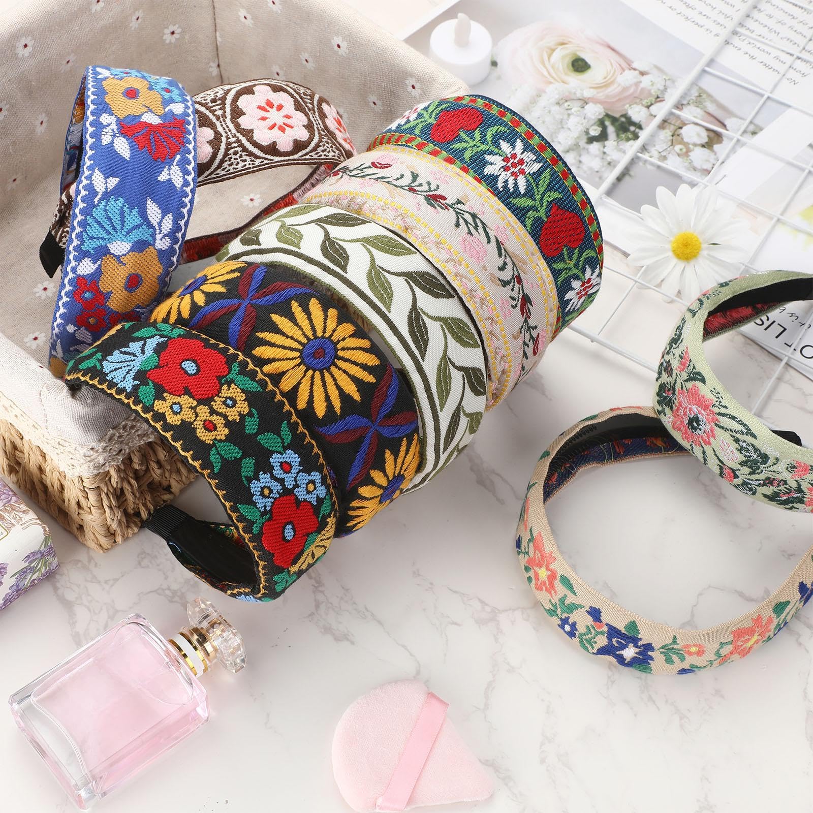 Set de 9 cintas para la cabeza anchas con bordado bohemio Geosar para mujer – Estilo étnico floral