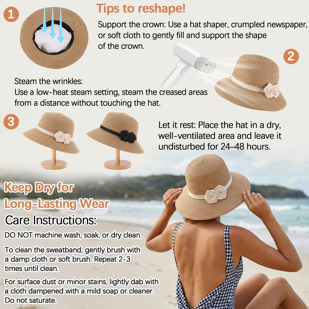 Sombrero de paja para el sol con flores de ganchillo – Fedora de ala ancha para mujer, Beige