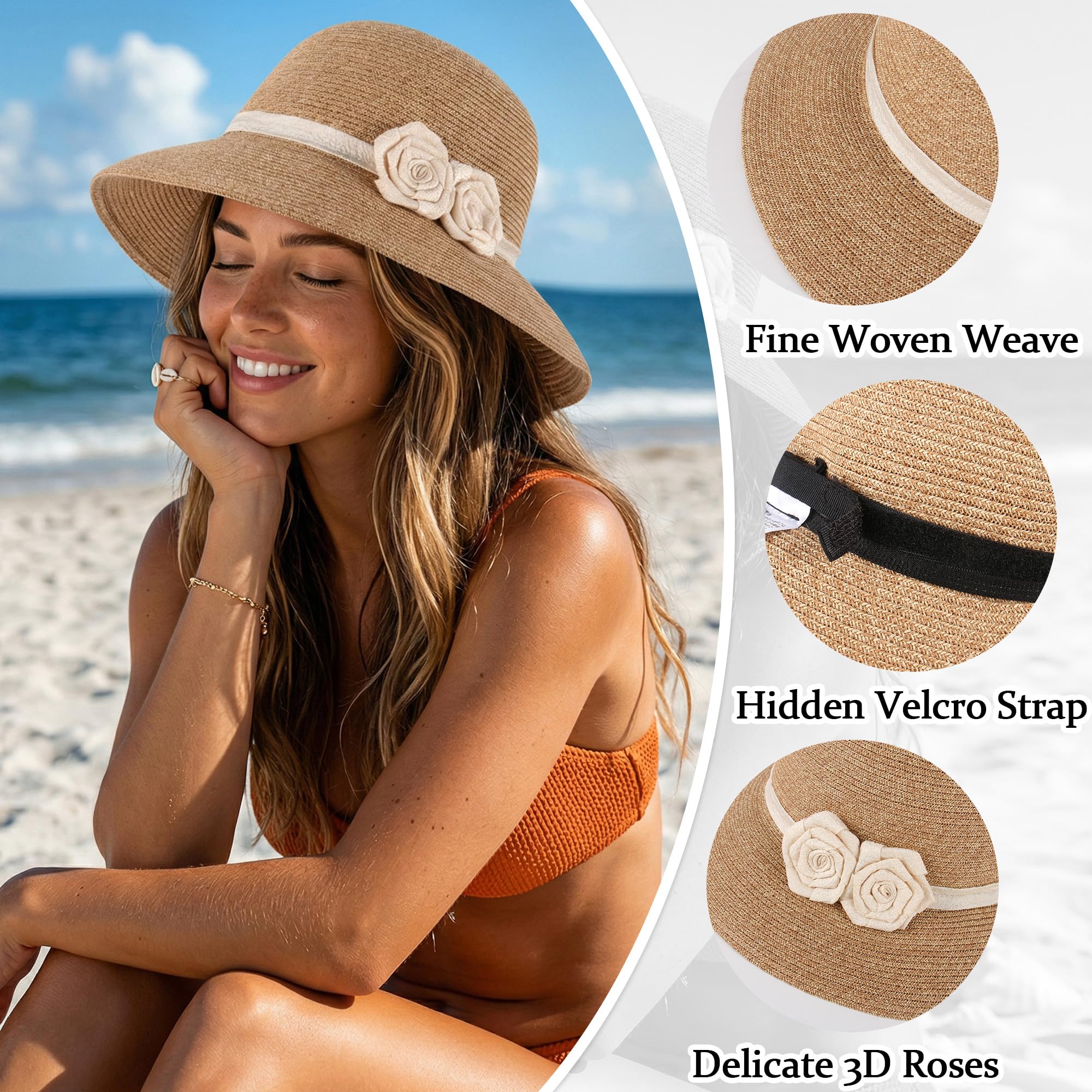 Sombrero de paja para el sol con flores de ganchillo – Fedora de ala ancha para mujer, Beige
