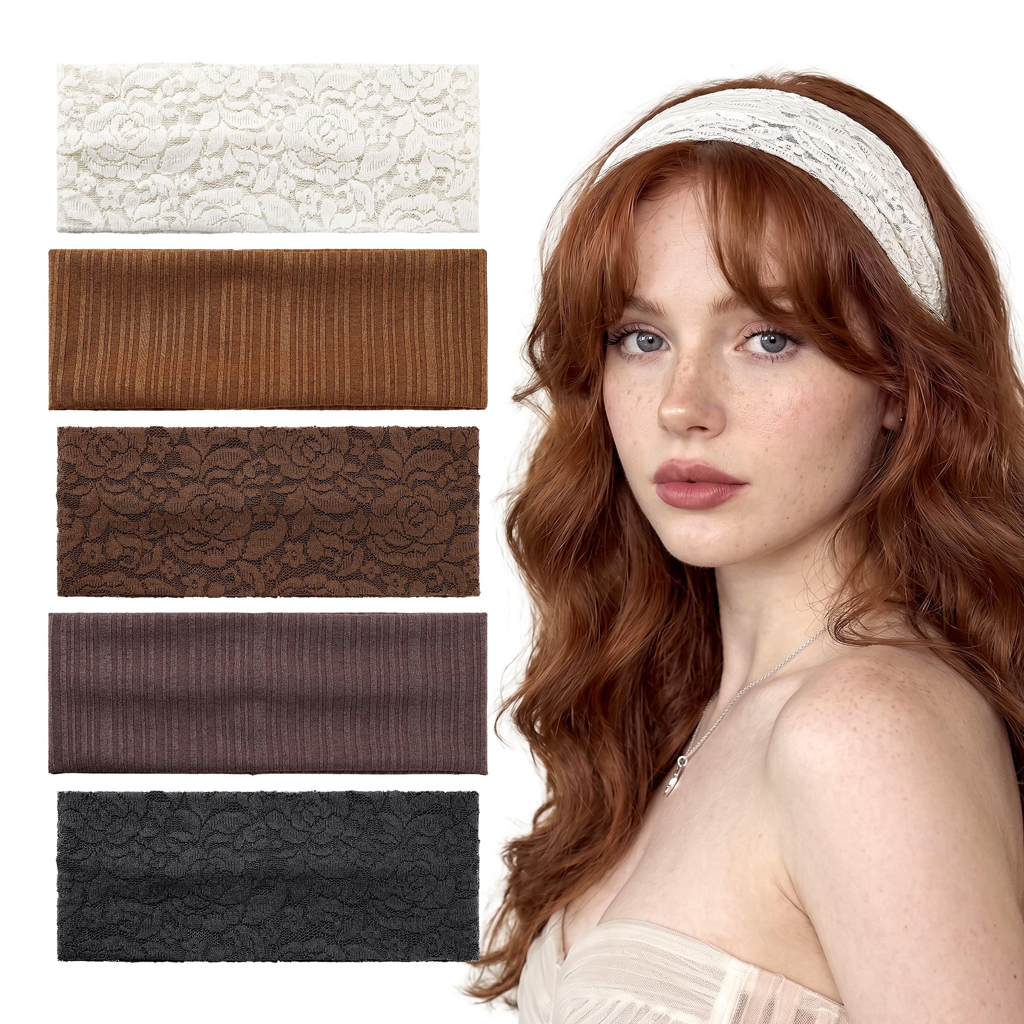 Pack de 5 cintas para la cabeza anchas de encaje floral para mujer – Elásticas y transpirables
