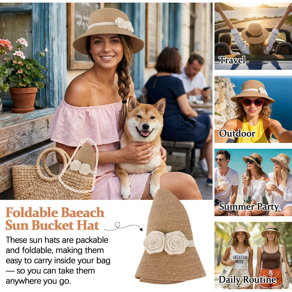 Sombrero de paja para el sol con flores de ganchillo – Fedora de ala ancha para mujer, Beige
