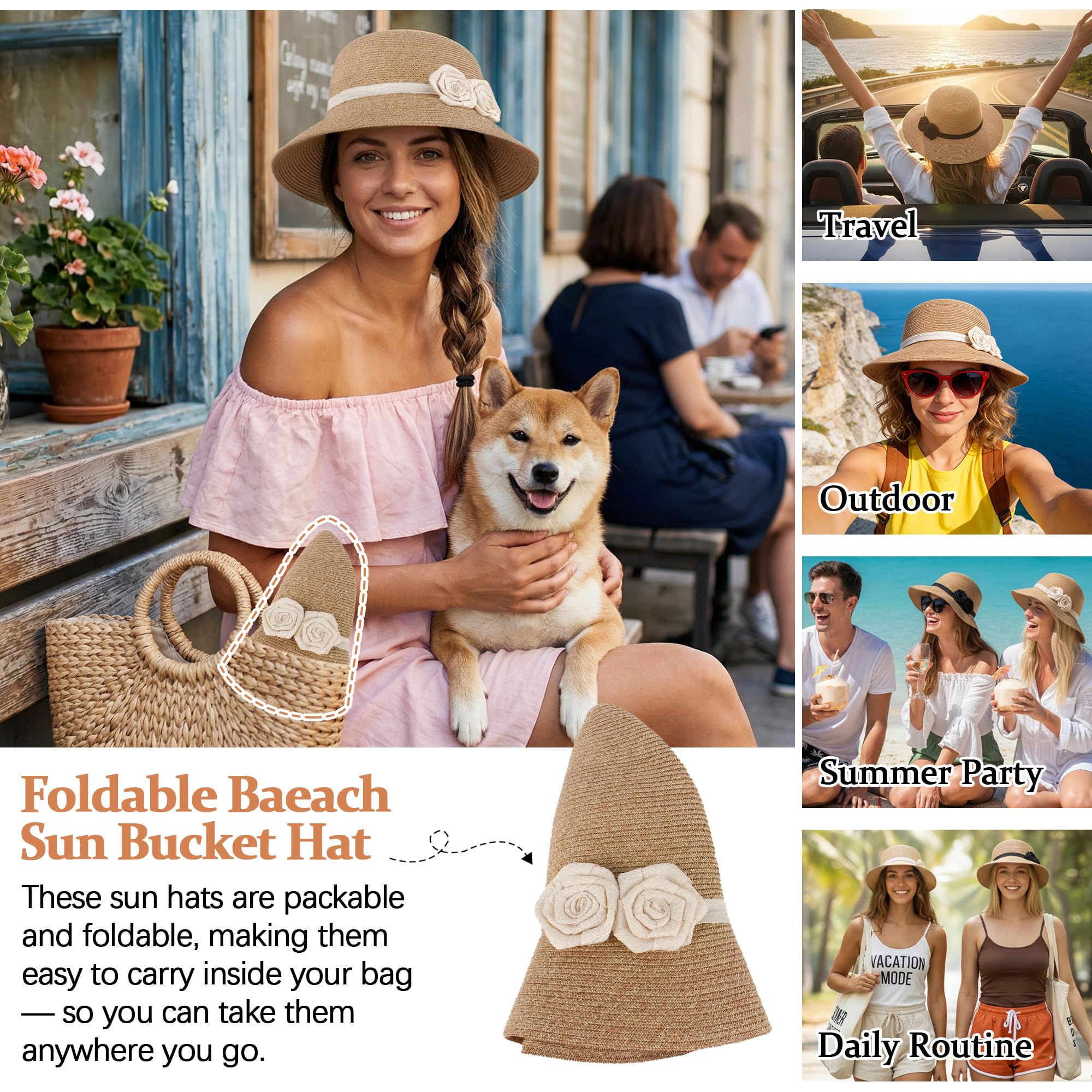 Sombrero de paja para el sol con flores de ganchillo – Fedora de ala ancha para mujer, Beige