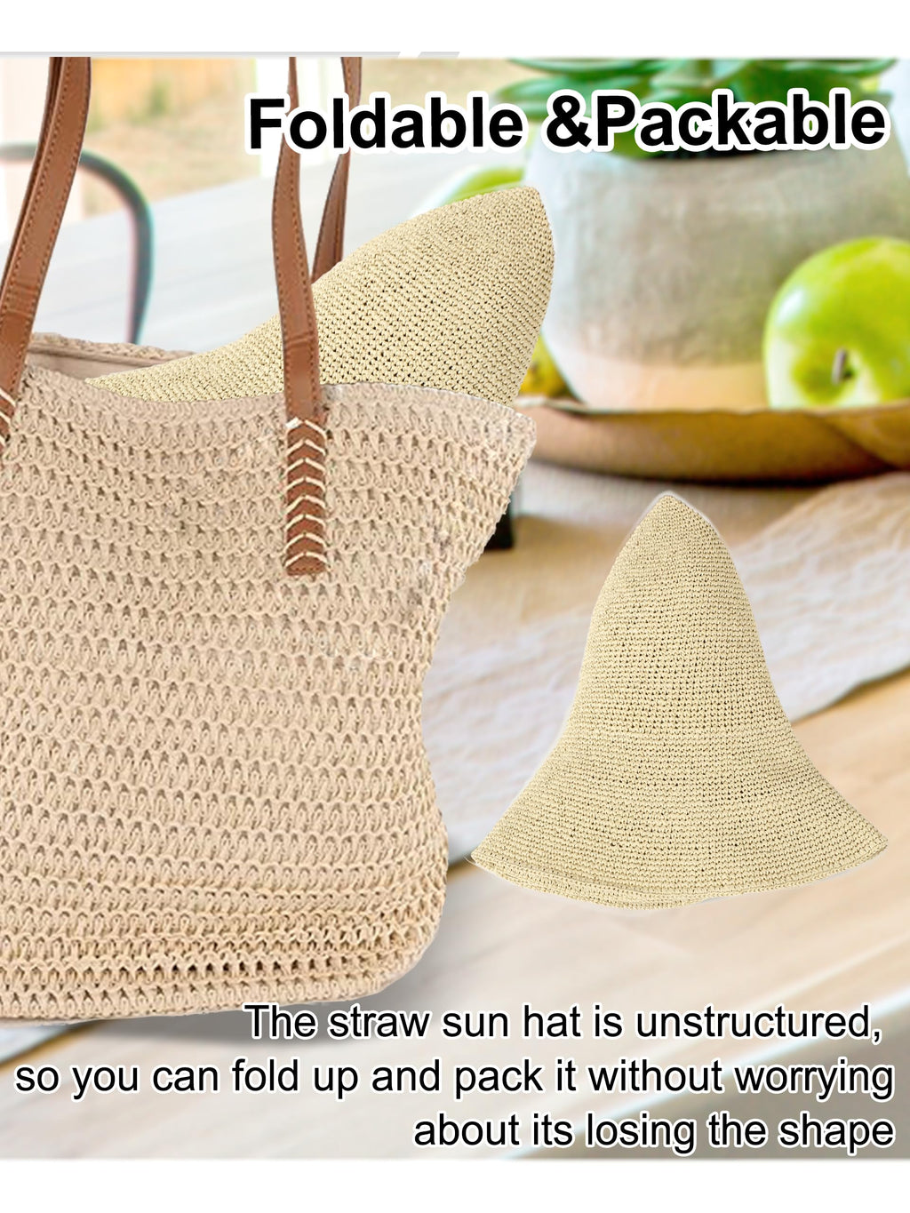 Sombrero bucket de paja plegable hecho a mano – Sombrero de sol para mujer, beige, talla S