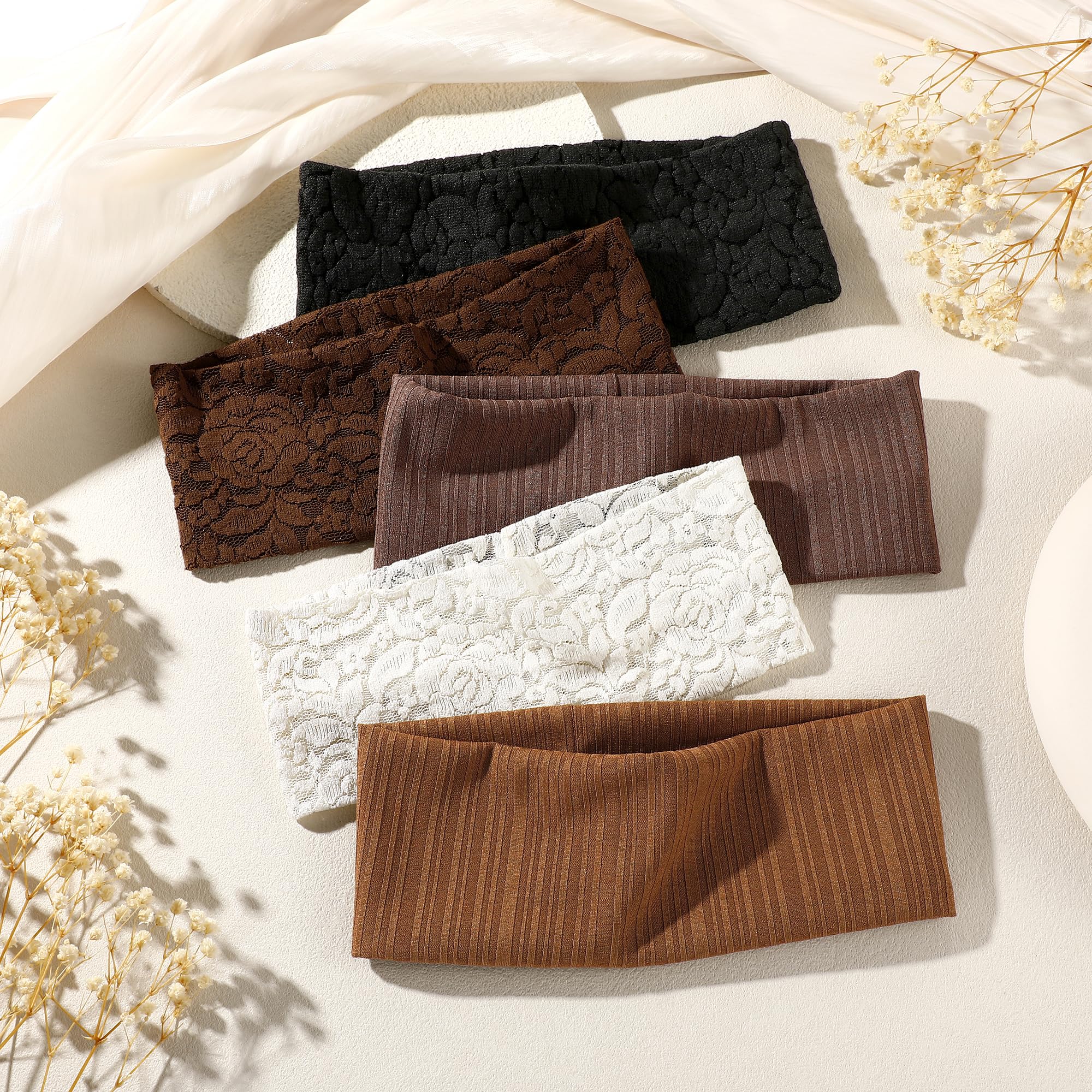 Pack de 5 cintas para la cabeza anchas de encaje floral para mujer – Elásticas y transpirables